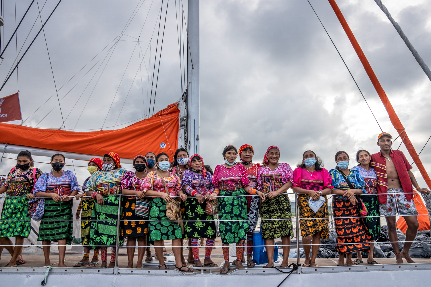 The Guna Yala community aboard the SeaLegacy 1 catamaran off the coast of Panama